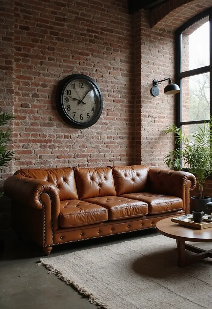 29 Tufted Sofa Living Room Ideas That Feel Plush and Elegant - 4. Chic Industrial Look with Leather Tufting