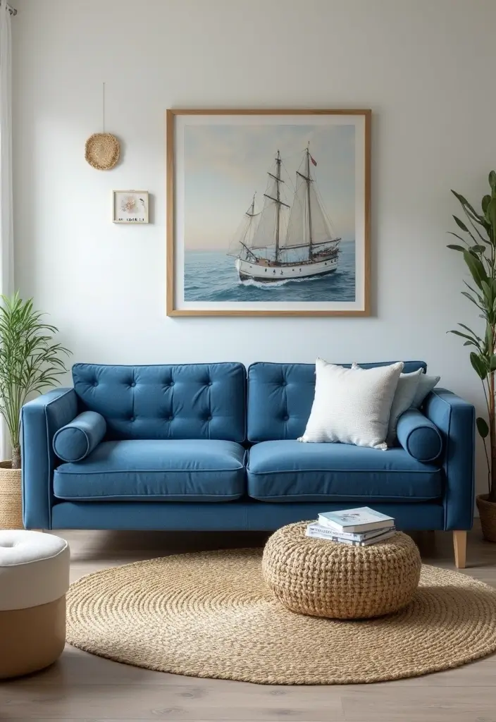 29 Tufted Sofa Living Room Ideas That Feel Plush and Elegant - 6. Nautical Inspiration with Blue Hues