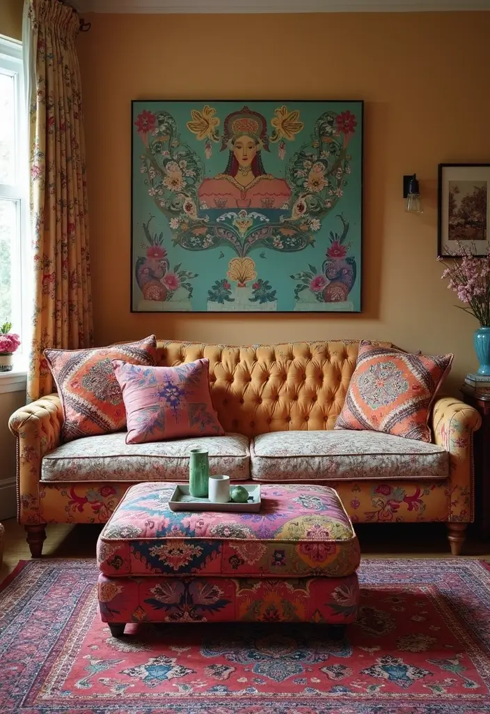 29 Tufted Sofa Living Room Ideas That Feel Plush and Elegant - 7. Bohemian Dreams with Tufted Textiles