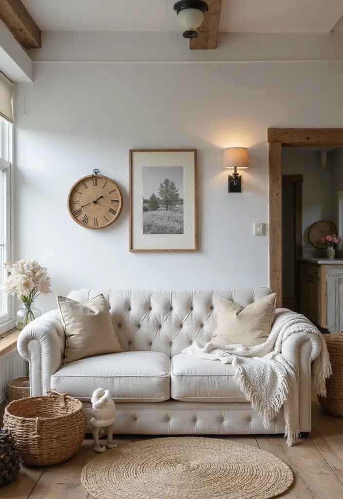 29 Tufted Sofa Living Room Ideas That Feel Plush and Elegant - 8. Farmhouse Charm with Neutral Tones