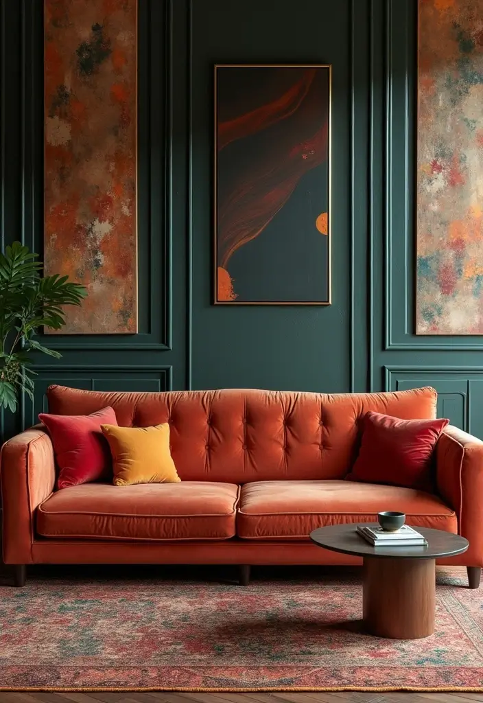 29 Tufted Sofa Living Room Ideas That Feel Plush and Elegant - 9. Art Deco Influence with Bold Patterns