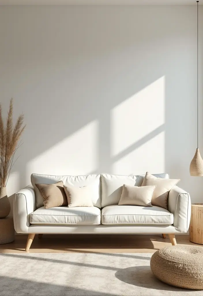 29 White Leather Sofa Living Room Ideas That Feel Bright and Modern - 11. Simple Scandinavian Style