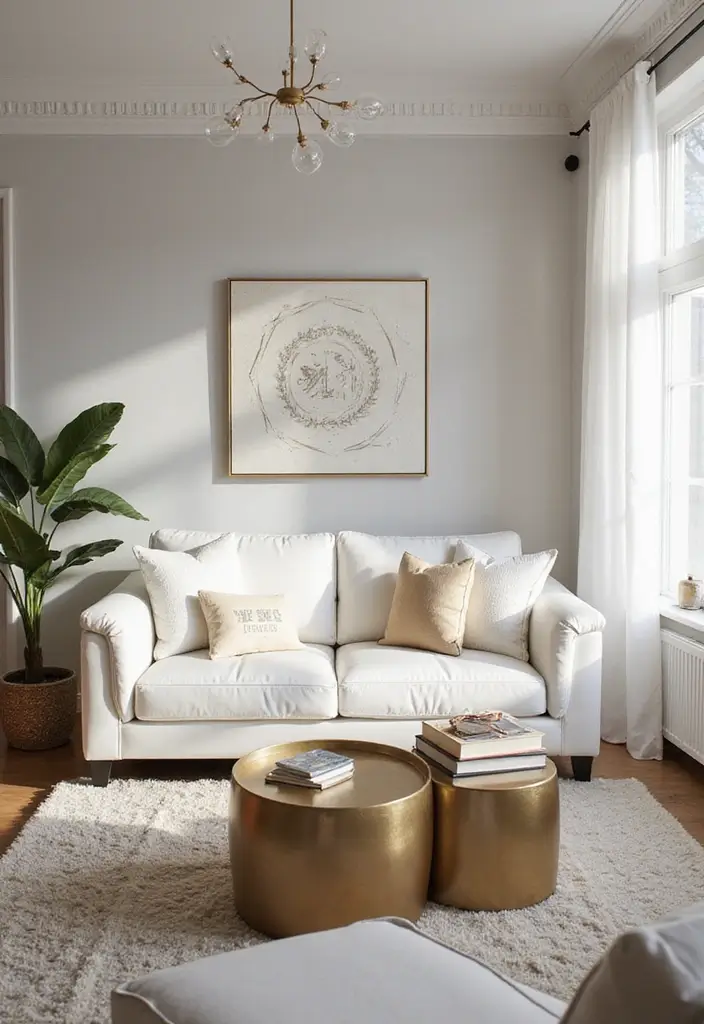 29 White Leather Sofa Living Room Ideas That Feel Bright and Modern - 12. Luxurious Metallic Accents