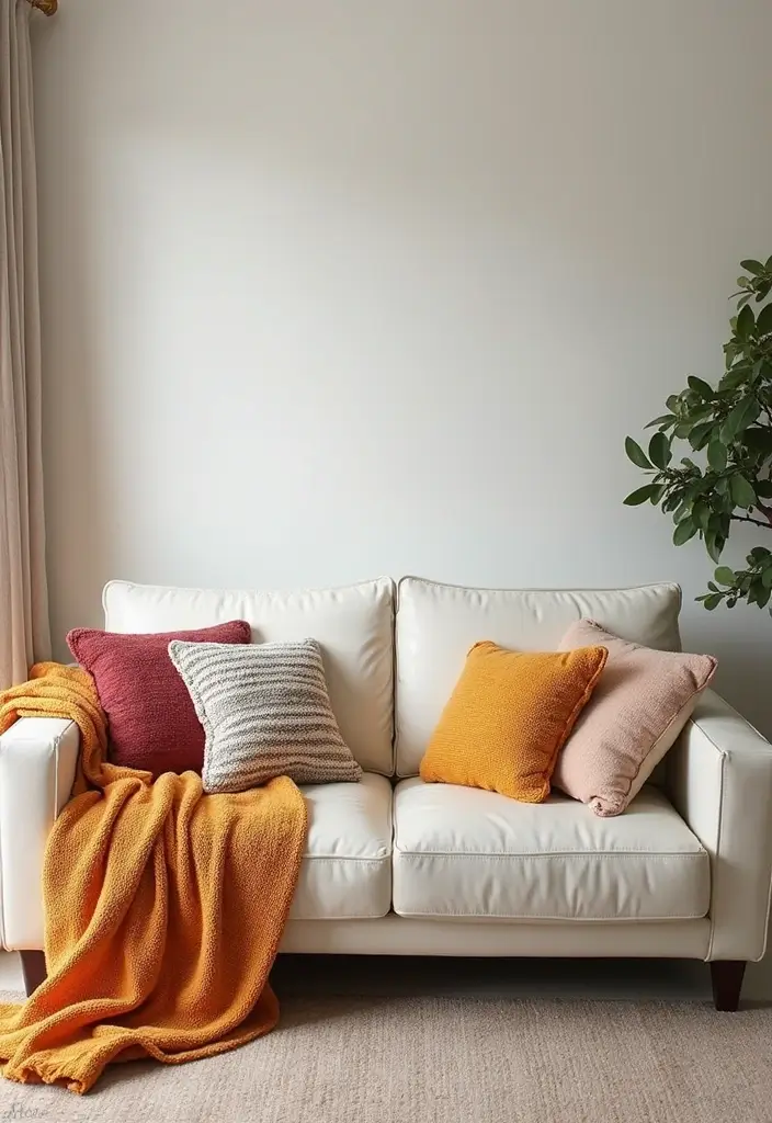 29 White Leather Sofa Living Room Ideas That Feel Bright and Modern - 13. Colorful Throw Blankets