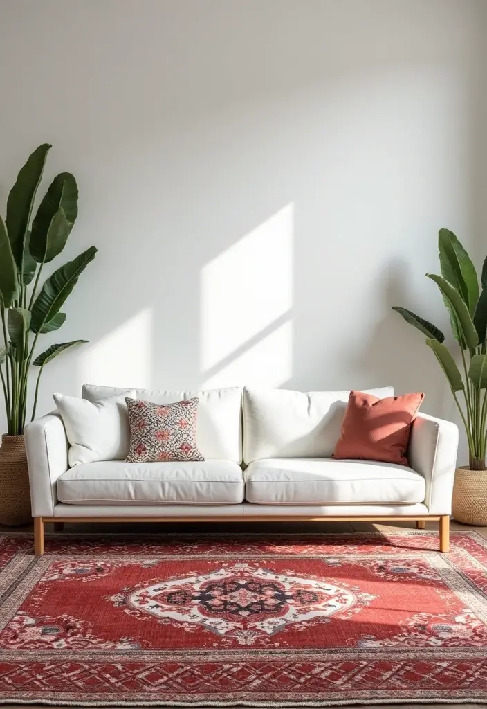 29 White Leather Sofa Living Room Ideas That Feel Bright and Modern - 14. Bold Area Rugs