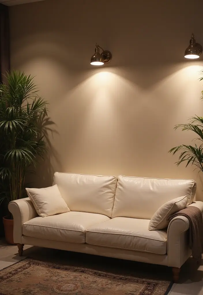 29 White Leather Sofa Living Room Ideas That Feel Bright and Modern - 17. Soft Lighting Fixtures