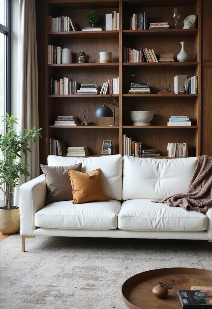 29 White Leather Sofa Living Room Ideas That Feel Bright and Modern - 18. Inspiring Bookshelves