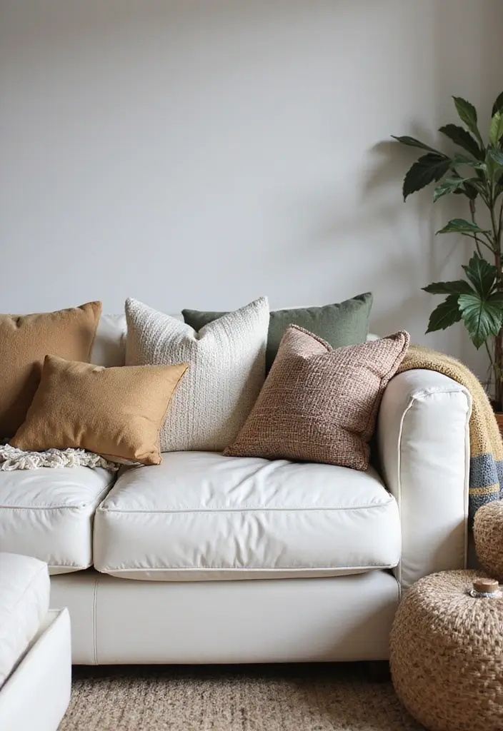 29 White Leather Sofa Living Room Ideas That Feel Bright and Modern - 22. Incorporating Textiles