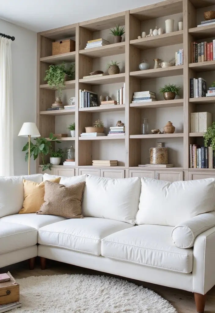 29 White Leather Sofa Living Room Ideas That Feel Bright and Modern - 23. Open Shelving Displays