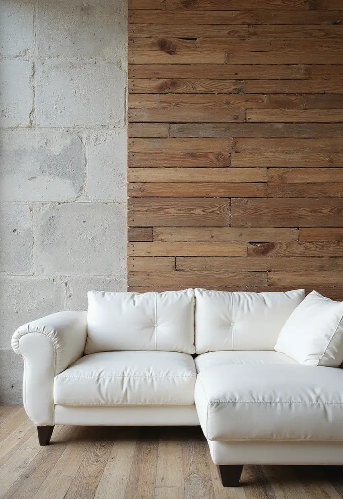 29 White Leather Sofa Living Room Ideas That Feel Bright and Modern - 24. Textured Accent Walls