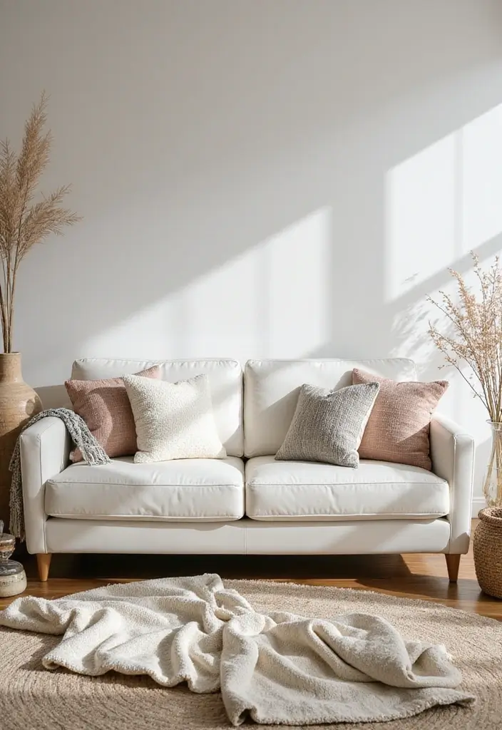 29 White Leather Sofa Living Room Ideas That Feel Bright and Modern - 27. Seasonal Decor Changes