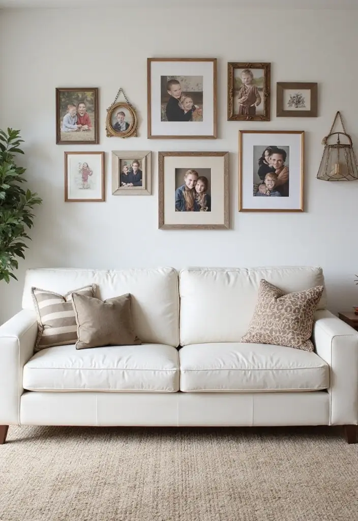 29 White Leather Sofa Living Room Ideas That Feel Bright and Modern - 29. Personal Touches with Photos