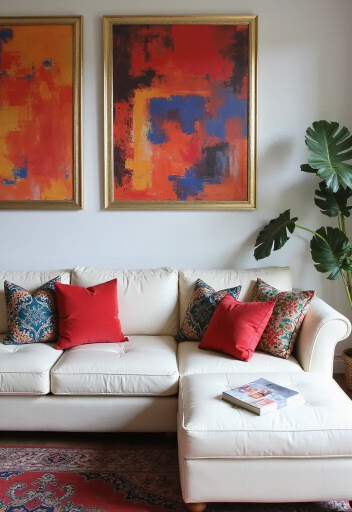 29 White Leather Sofa Living Room Ideas That Feel Bright and Modern - 3. Bright and Bold Pops of Color