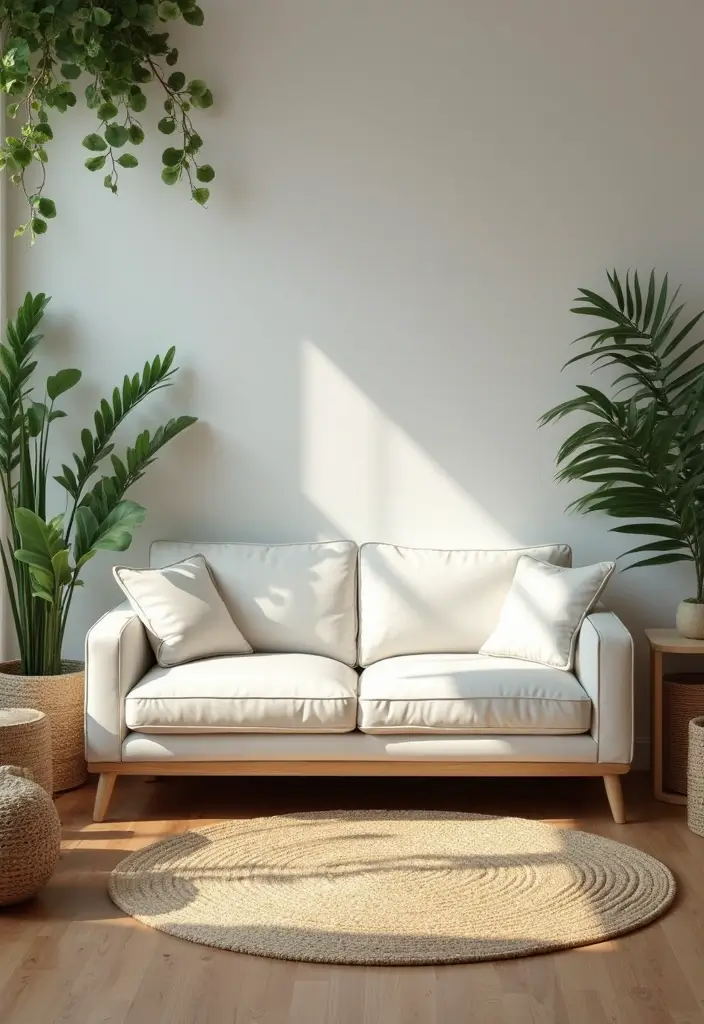 29 White Leather Sofa Living Room Ideas That Feel Bright and Modern - 4. Nature-Inspired Elements