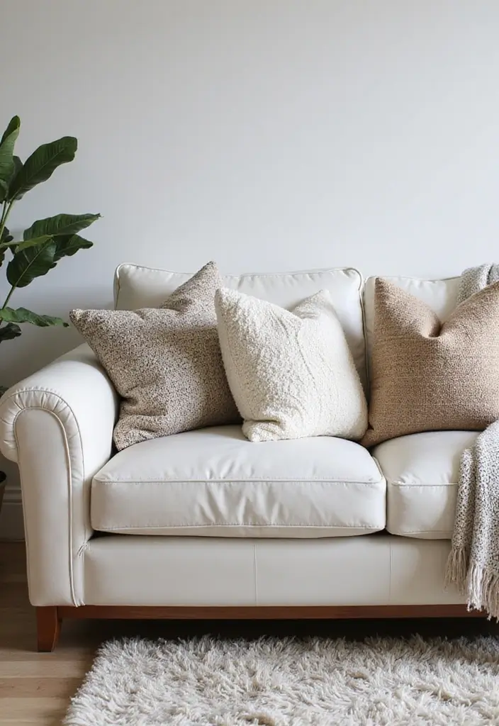 29 White Leather Sofa Living Room Ideas That Feel Bright and Modern - 5. Layering Textures