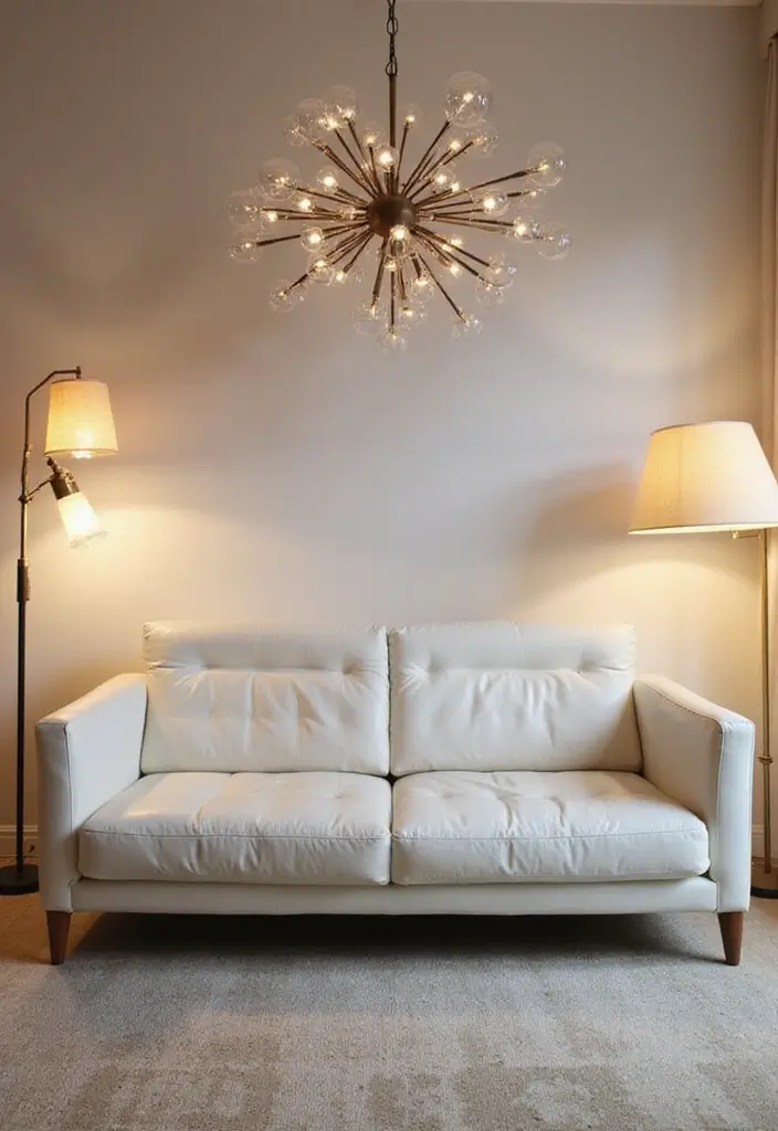 29 White Leather Sofa Living Room Ideas That Feel Bright and Modern - 7. Statement Lighting