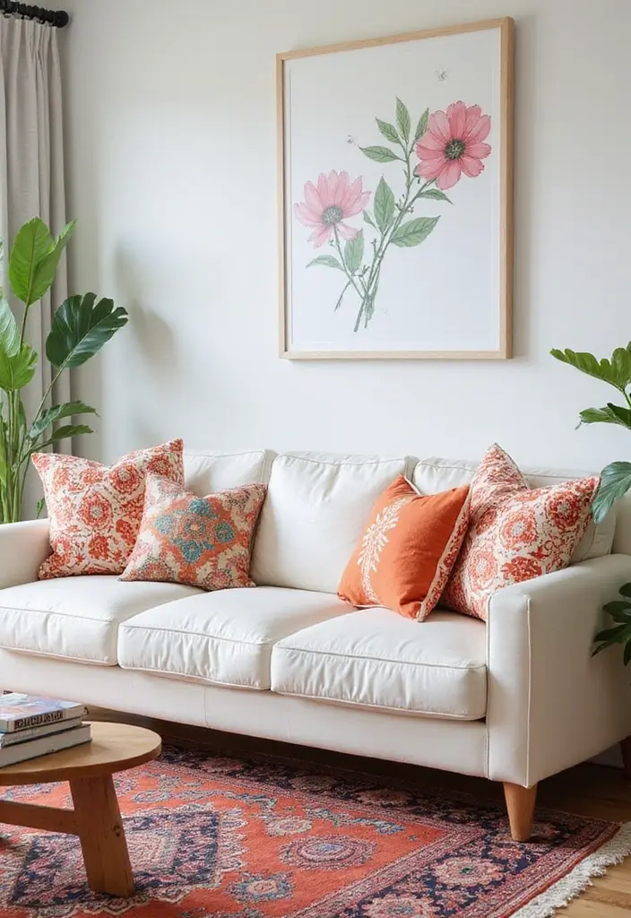 29 White Leather Sofa Living Room Ideas That Feel Bright and Modern - 9. Playful Patterns