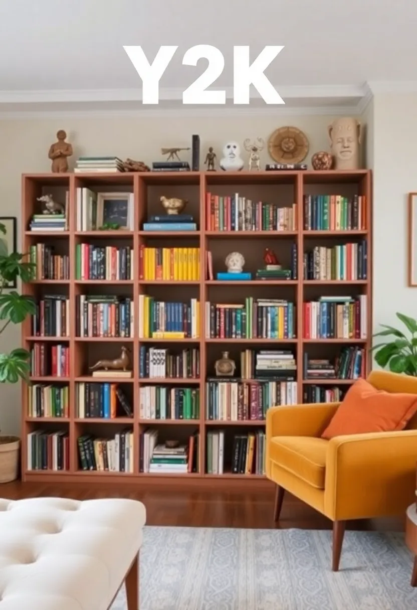 29 Y2K Living Room Aesthetic Ideas That Feel Fun and Nostalgic - 11. Retro Bookshelves