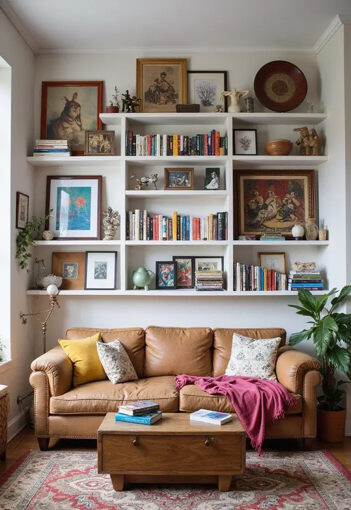 29 Y2K Living Room Aesthetic Ideas That Feel Fun and Nostalgic - 24. Eclectic Wall Shelves