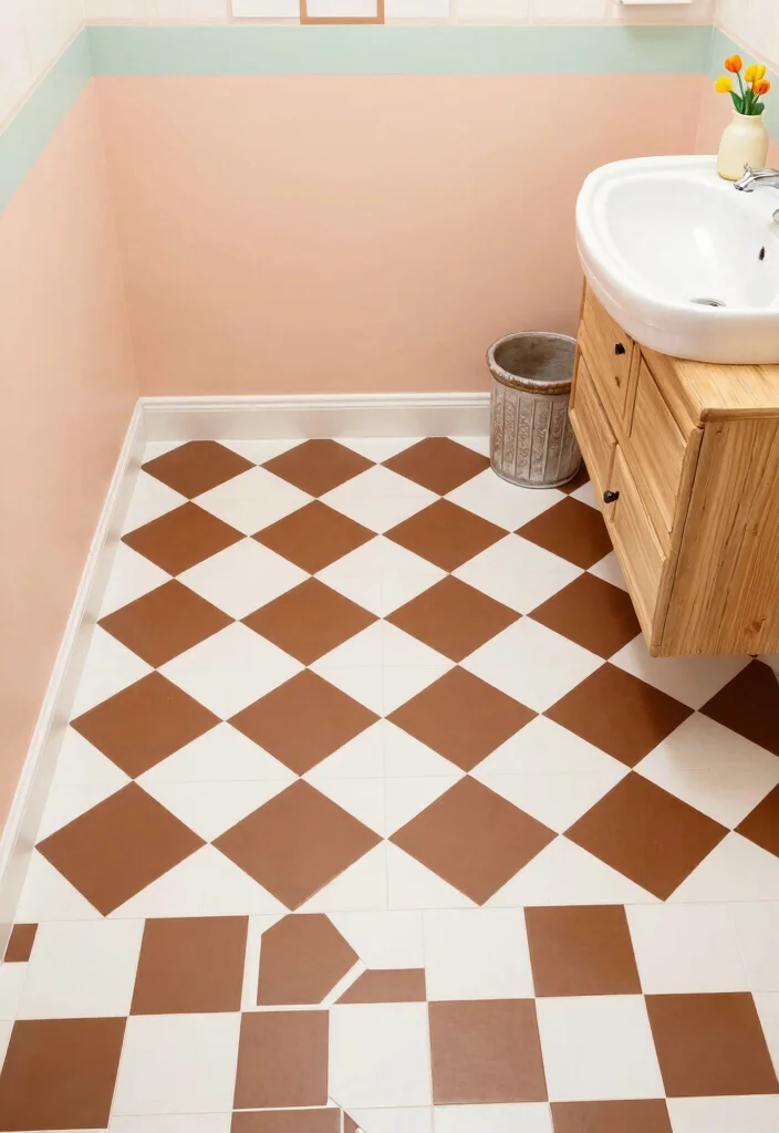 14 Brown Bathroom Tile Ideas With Warm Tones - 10. Brown and White Checkerboard 1