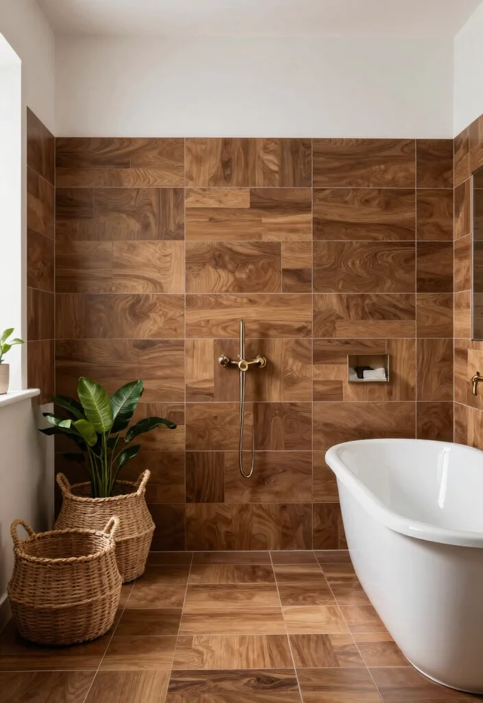 14 Brown Bathroom Tile Ideas With Warm Tones - 11. Rich Walnut Wood Tiles 1