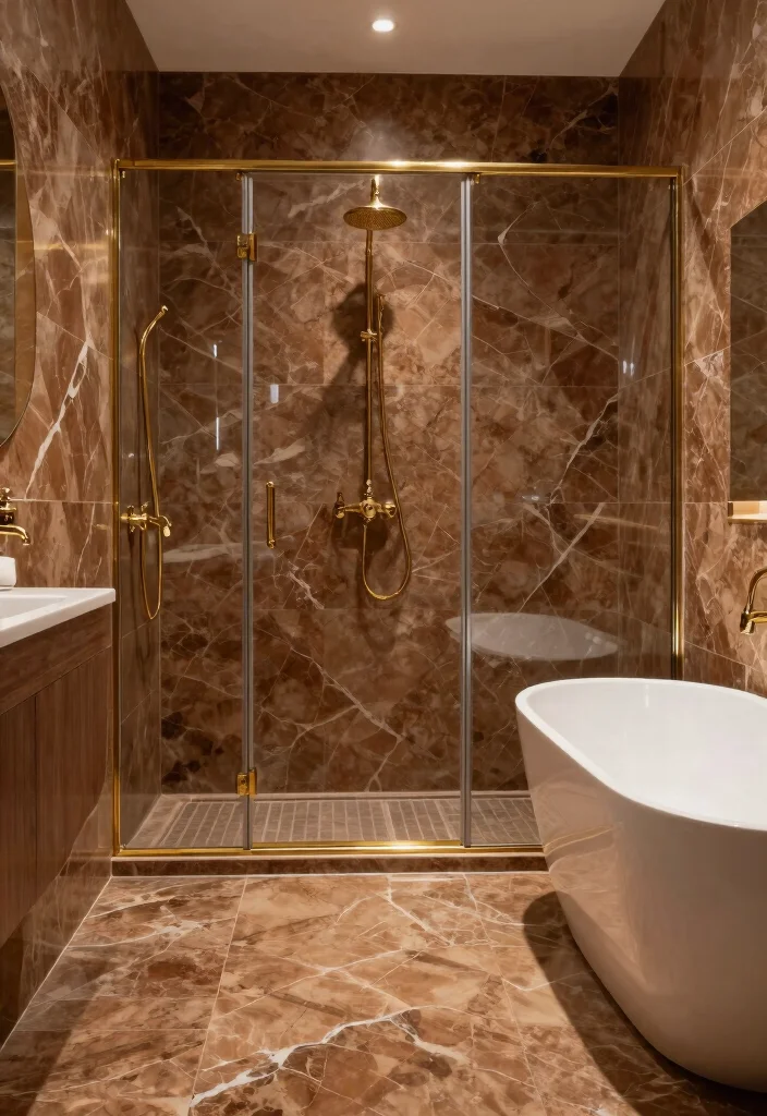 14 Brown Bathroom Tile Ideas With Warm Tones - 12. Brown Marble-Look Tiles 1