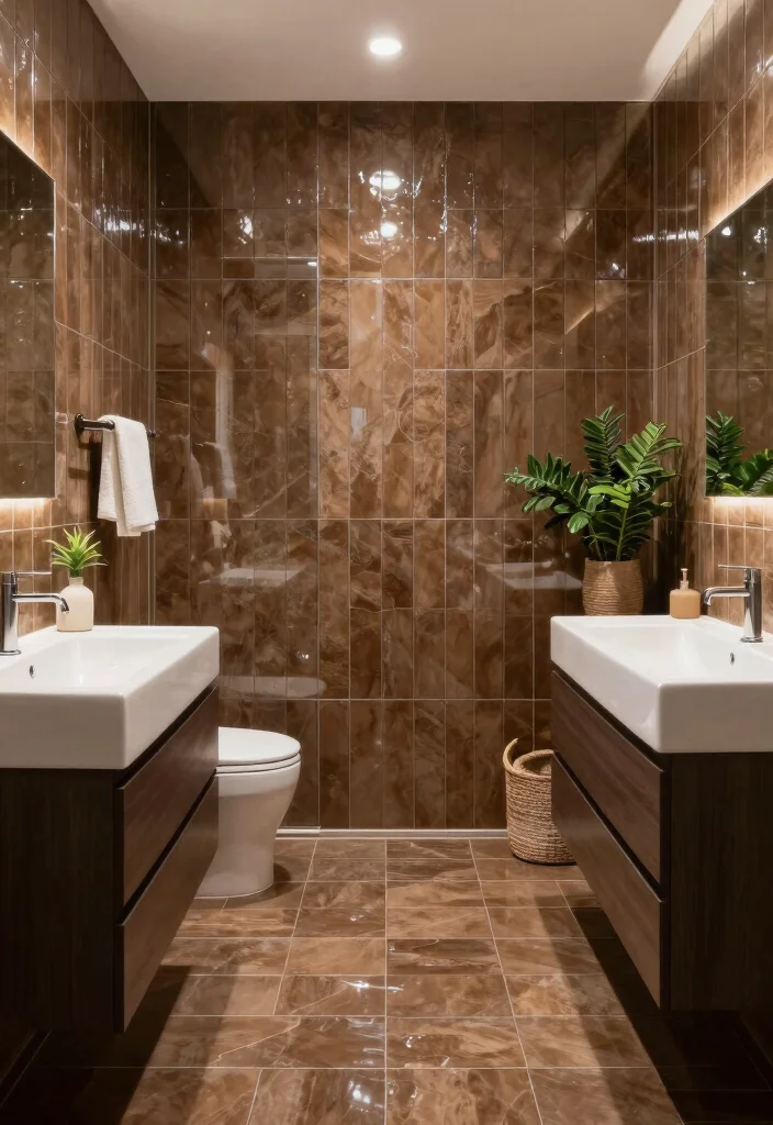 14 Brown Bathroom Tile Ideas With Warm Tones - 14. Glossy Brown Tiles for a Modern Touch 1