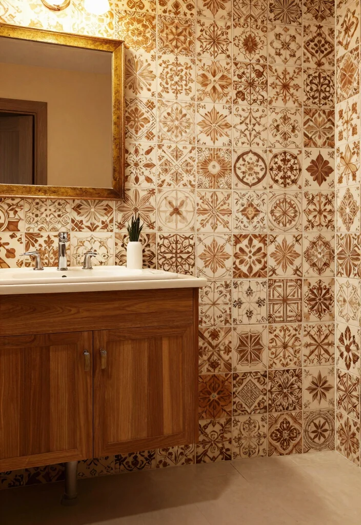 14 Brown Bathroom Tile Ideas With Warm Tones - 4. Warm Rustic Patterned Tiles 1