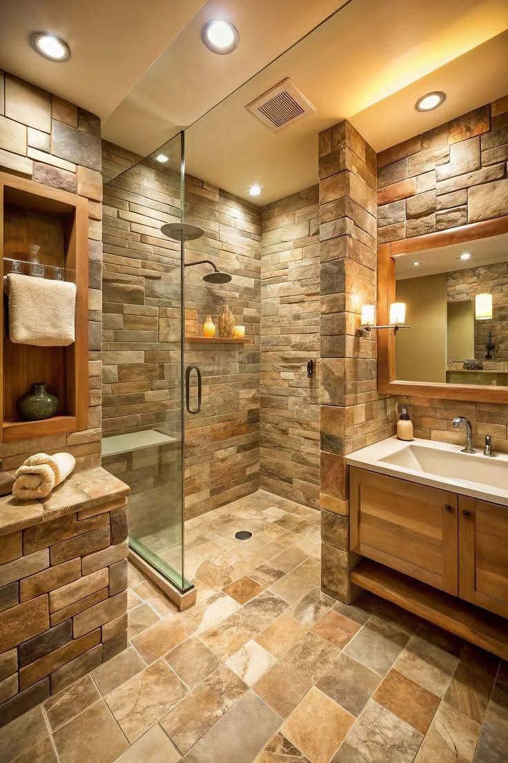 14 Brown Bathroom Tile Ideas With Warm Tones - 5. Rustic Stone-Look Tiles 1