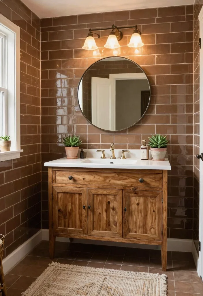14 Brown Bathroom Tile Ideas With Warm Tones - 7. Vintage Brown Subway Tiles 1