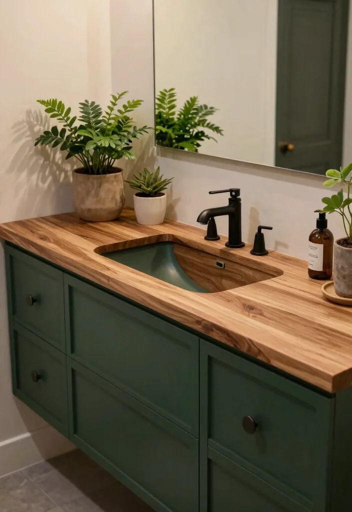 14 Green Bathroom Vanity Ideas With Fresh Natural Style - 8. Dark Green and Wood Combo 1