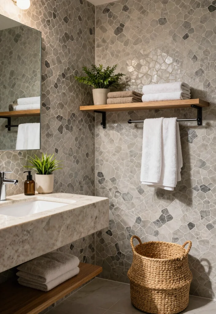 14 Hexagon Mosaic Tile Bathroom Ideas With Texture - 4. Textured Layers with Mixed Materials 1
