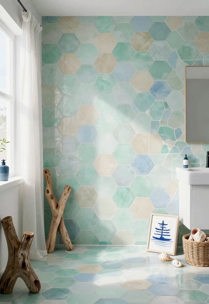 14 Hexagon Mosaic Tile Bathroom Ideas With Texture - 9. Coastal Vibes with Beachy Colors 1