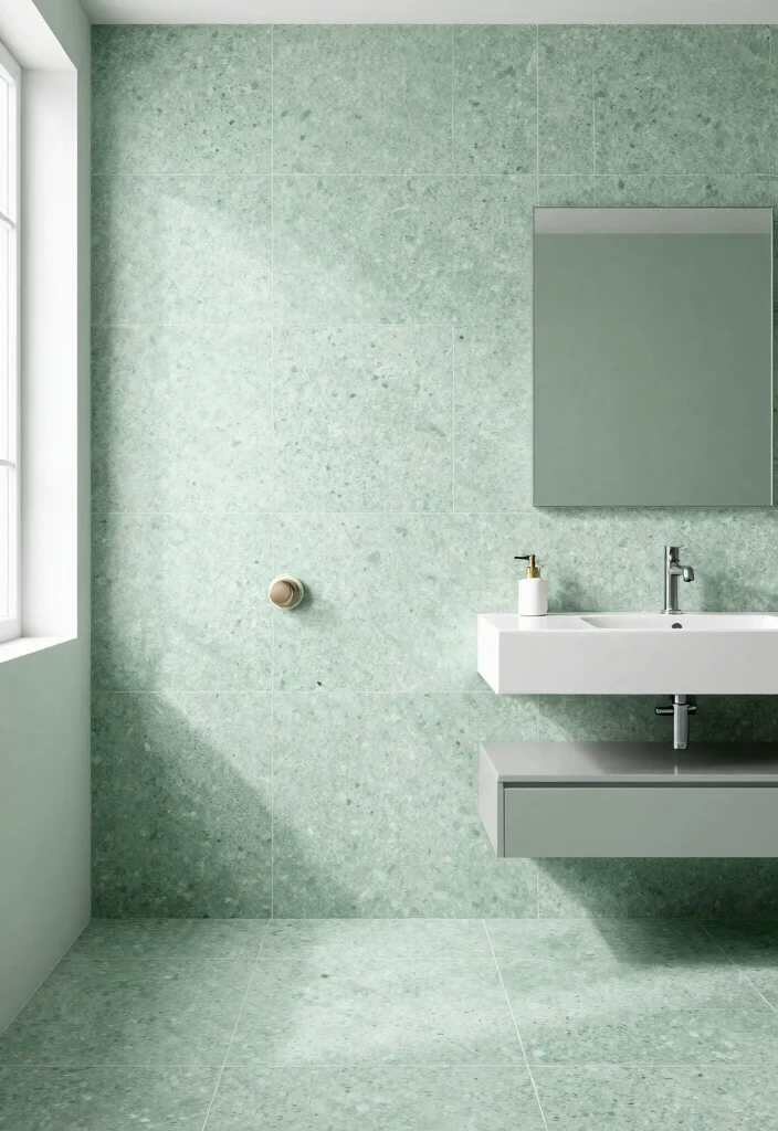 14 Light Green Bathroom Tile Ideas With Soft Calm Vibes - 10. Light Green Terrazzo Tiles 1