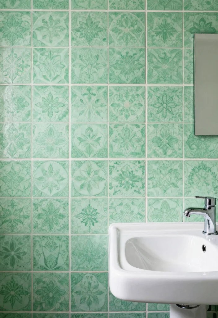 14 Light Green Bathroom Tile Ideas With Soft Calm Vibes - 11. Light Green Printed Tiles 1