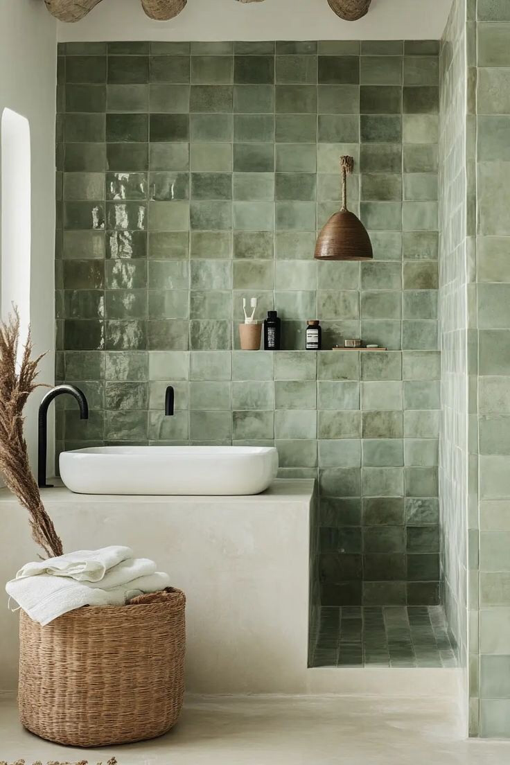 14 Light Green Bathroom Tile Ideas With Soft Calm Vibes - 3. Textured Green Tiles 1