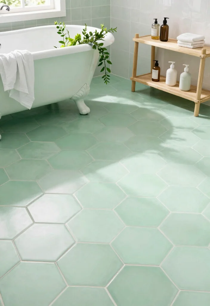14 Light Green Bathroom Tile Ideas With Soft Calm Vibes - 4. Pastel Green Hexagon Tiles 1