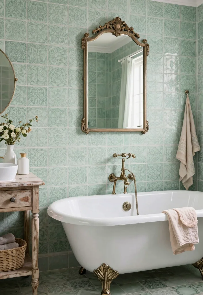 14 Light Green Bathroom Tile Ideas With Soft Calm Vibes - 7. Vintage Light Green Tiles 1