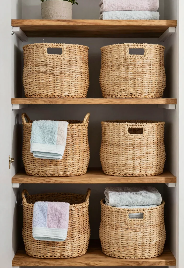 14 Linen Closet Ideas Inside The Bathroom - 2. Basket Storage for Neatness 1