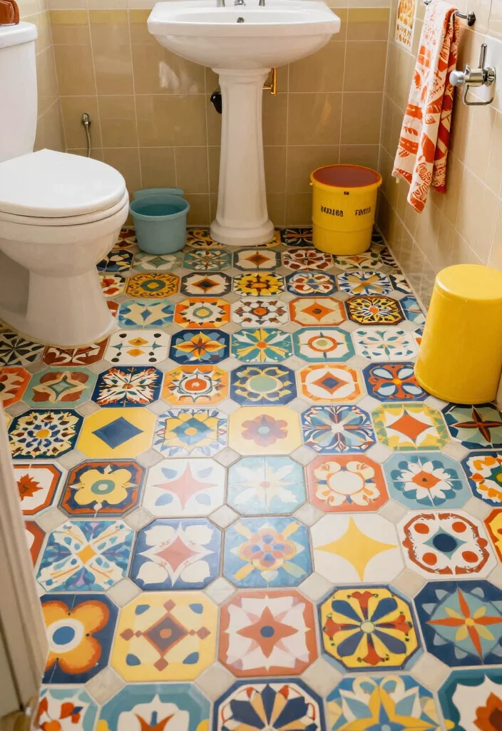 14 Small Hexagon Tile Bathroom Floor Ideas For Detail Lovers - 12. Retro Vibes with Colorful Patterns 1