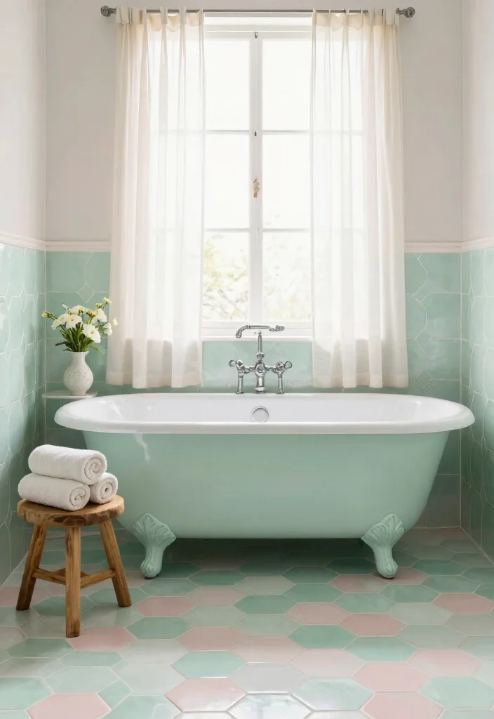 14 Small Hexagon Tile Bathroom Floor Ideas For Detail Lovers - 2. Soft Pastel Paradise 1