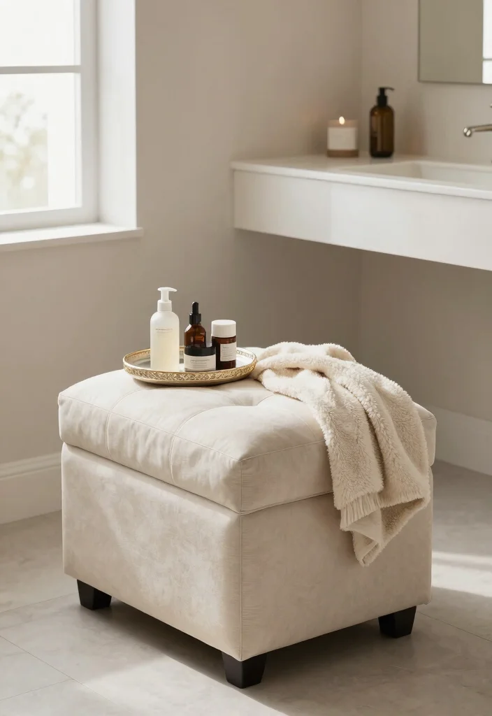 15 Bathroom Vanity Chair Ideas For Stylish Getting Ready - 4. Chic Ottoman with Storage 1