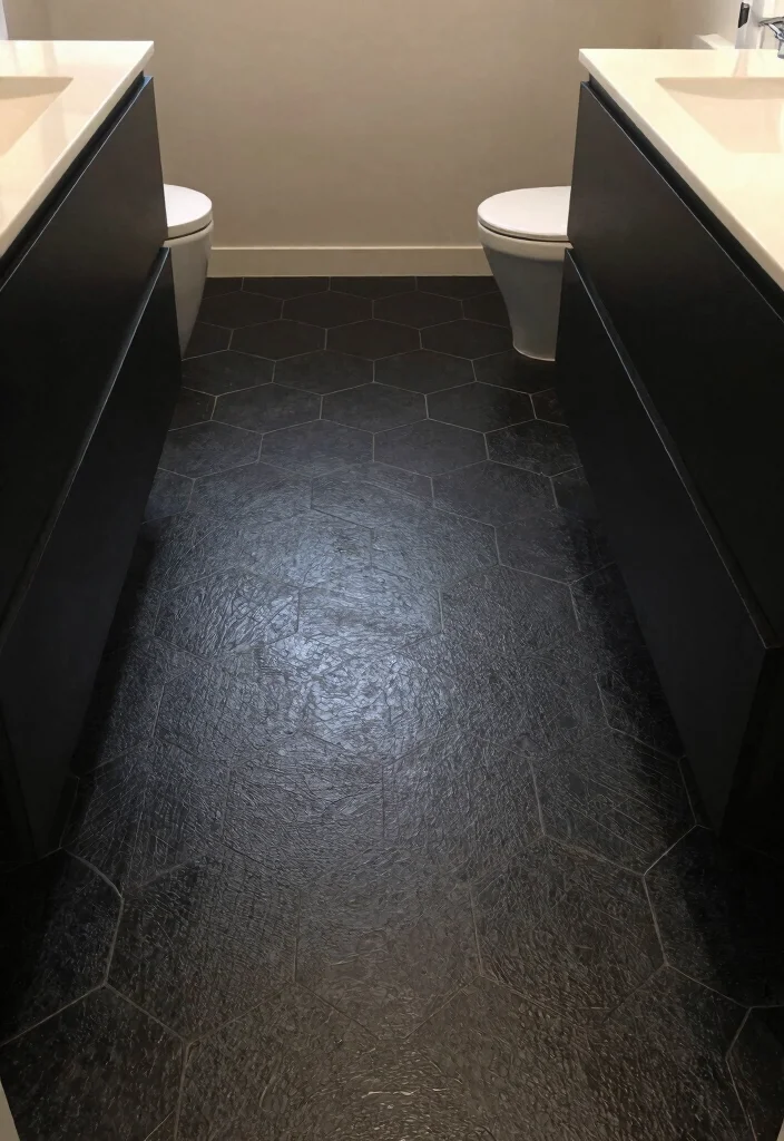 15 Black Hexagon Tile Bathroom Floor Ideas With Bold Pattern - 10. Textured Tiles for Added Depth 1