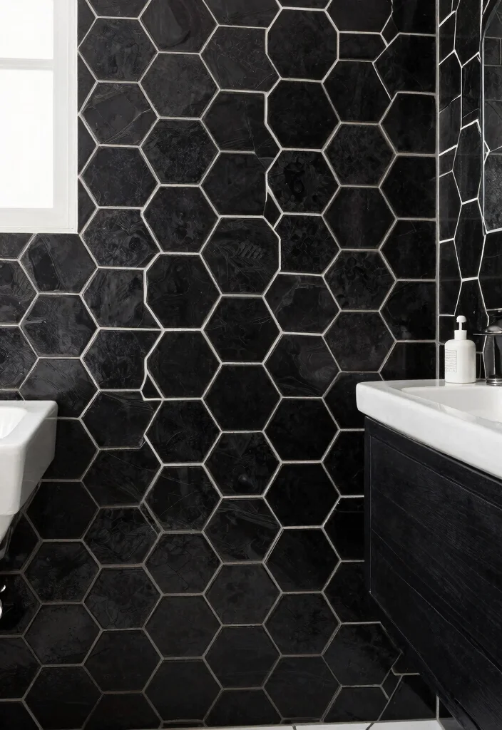15 Black Hexagon Tile Bathroom Floor Ideas With Bold Pattern - 11. Creative Grout Patterns 1