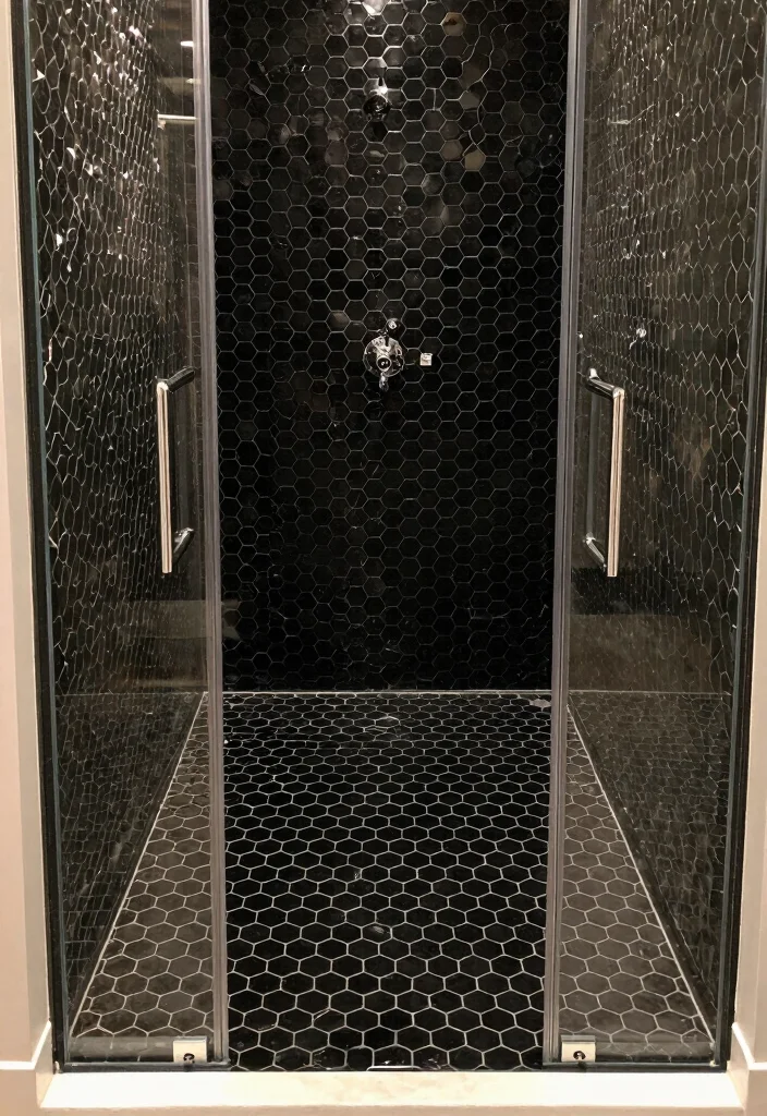 15 Black Hexagon Tile Bathroom Floor Ideas With Bold Pattern - 12. Black Hexagons in a Statement Shower 1
