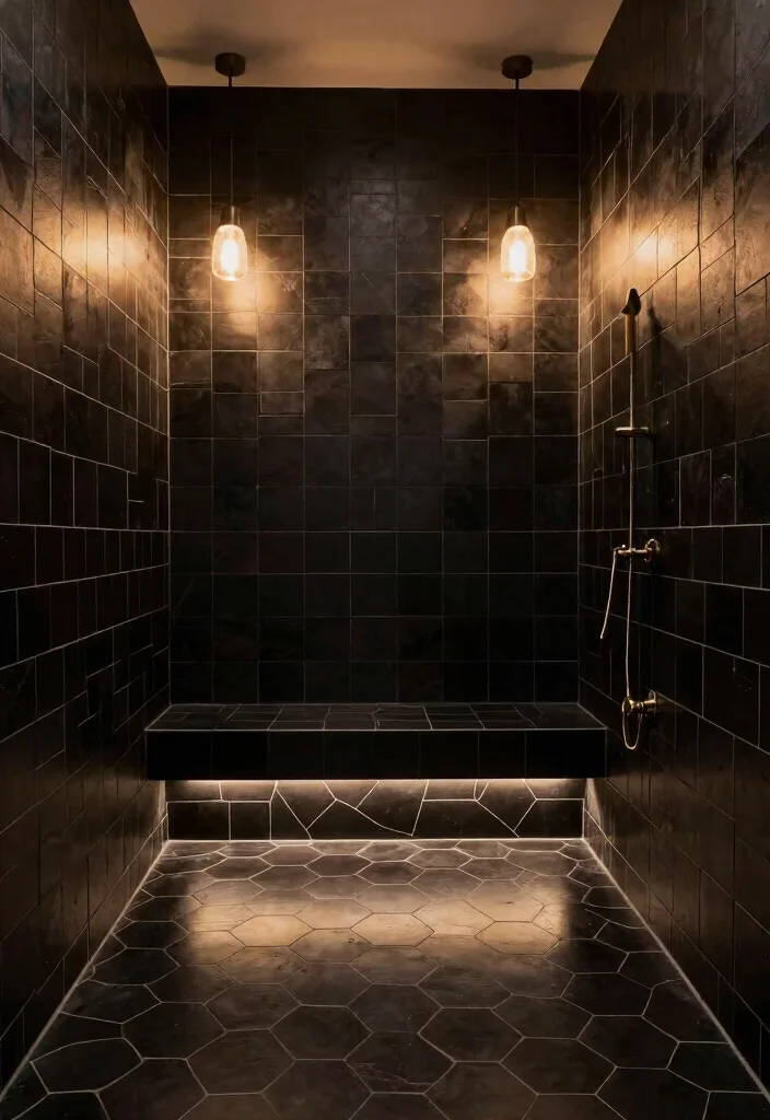 15 Black Hexagon Tile Bathroom Floor Ideas With Bold Pattern - 14. Layered Lighting for Enhanced Appeal 1