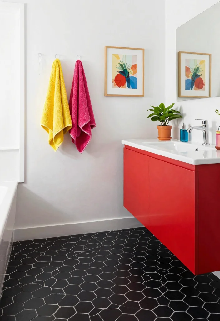 15 Black Hexagon Tile Bathroom Floor Ideas With Bold Pattern - 2. Bold Black Hexagon with Colorful Accents 1