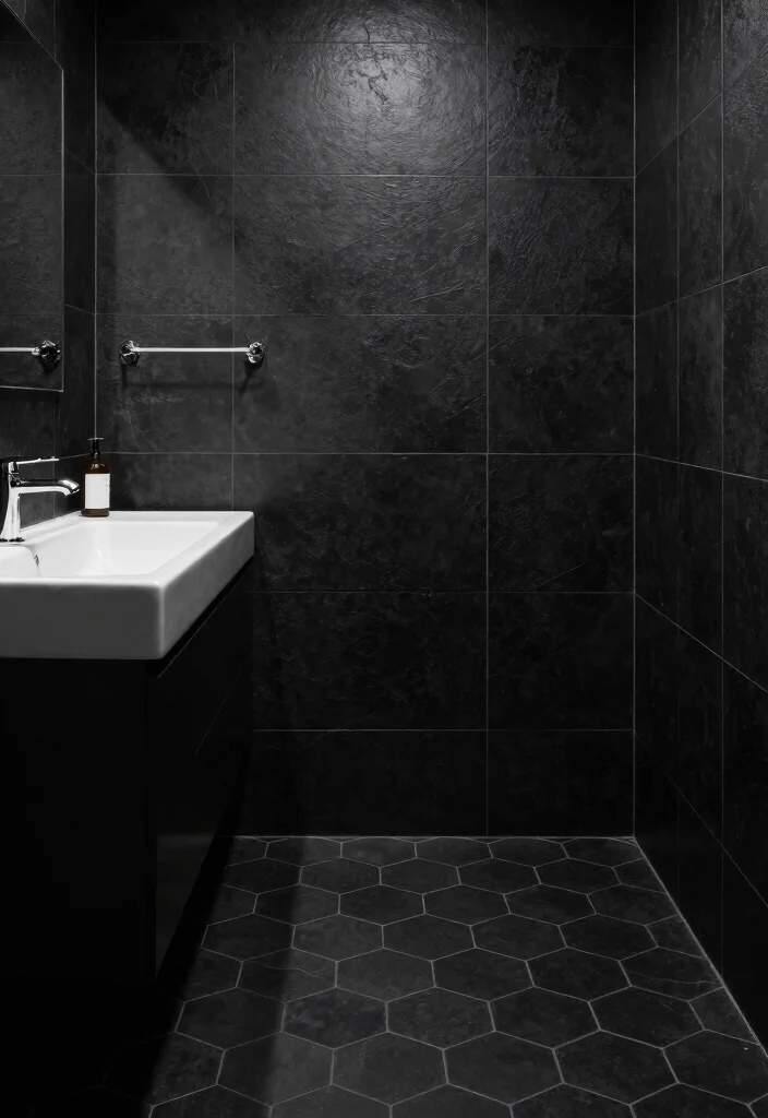 15 Black Hexagon Tile Bathroom Floor Ideas With Bold Pattern - 3. Monochrome Magic 1