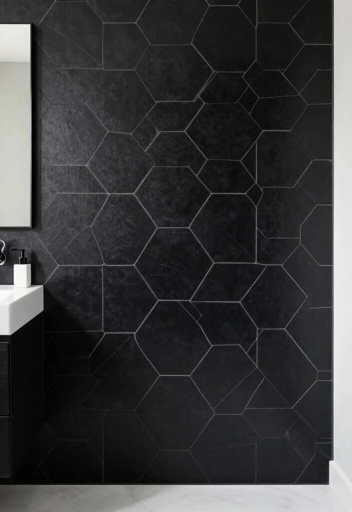 15 Black Hexagon Tile Bathroom Floor Ideas With Bold Pattern - 8. Geometric Visuals with Layouts 1