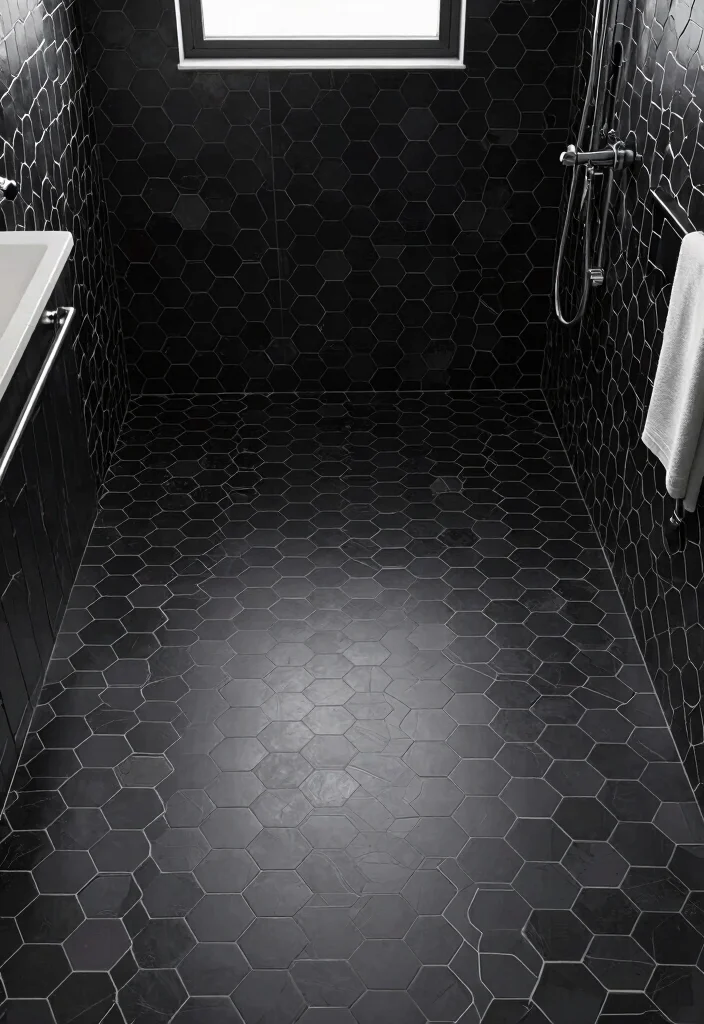 15 Black Hexagon Tile Bathroom Floor Ideas With Bold Pattern - 9. Subtle Patterns with Grayscale Accents 1
